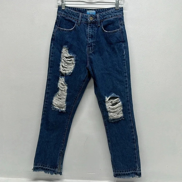 Mumu Blue Jeans Brooklyn High Waisted Denim Ripped Distressed Sapphire Size 26 - Picture 2 of 9